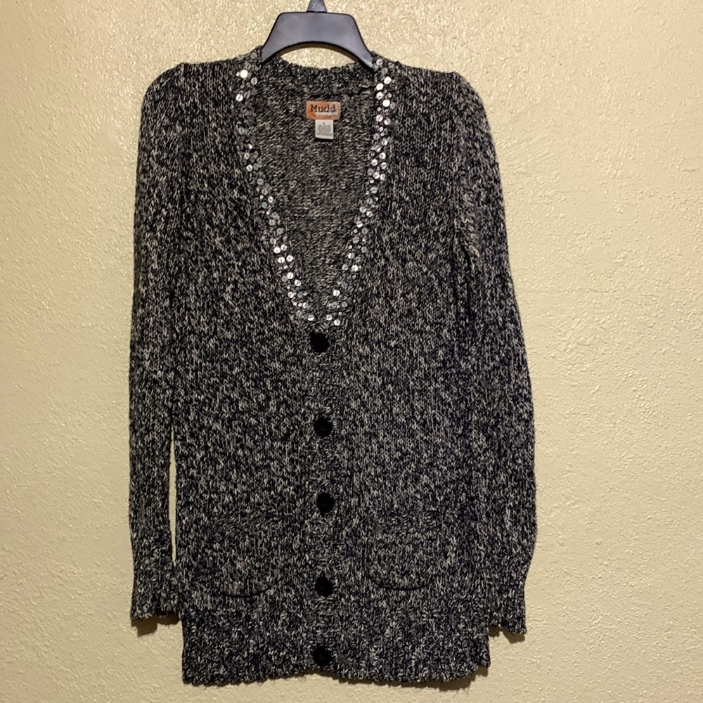 Mudd Sweater Cardigan L Black White Sequin Stretchy Front Buttons Pockets Cotton